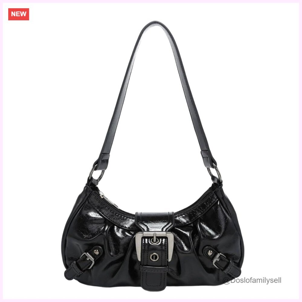 Small Hobo Shoulder Bag, Faux Leather, Y2K Goth Punk Style, Secure Zipper